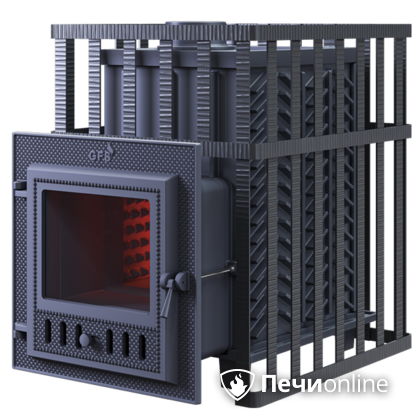 Дровяная банная печь Гефест ЗК в сетке-18 (М) чугунная дверца со стеклом, запатентованная каменка сетка в Владимире